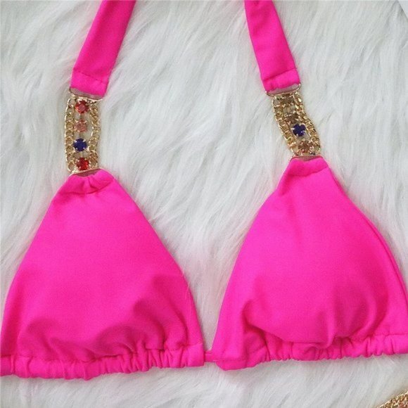 Callie Bling: Multi-colored Crystal Rhinestone Hot Pink Triangle Bikini - Picture 3 of 5